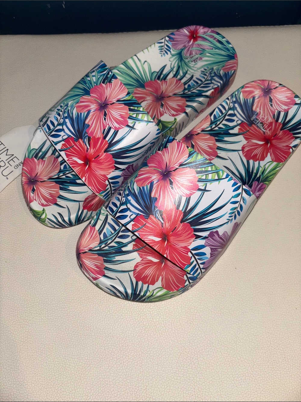 Time and Tru Tropical Floral Slide Sandals in Pink, Green & Blue NWT❗️